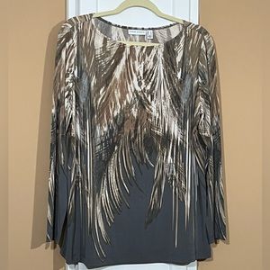 Susan Graver Liquid Knit Printed Tunic in shades of grey and tan.